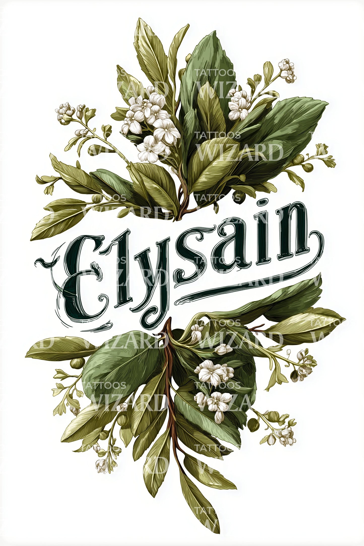 Ilustracja tatuażu z ziołowym literowaniem Elysain