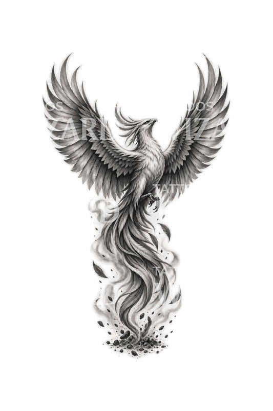 Tattooillustration af en føniks med vidtspredte glødevinger