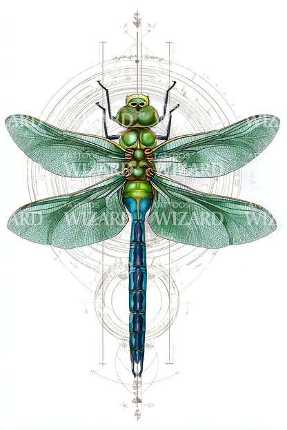 Emerald Dragonfly Geometry Tattoo Design