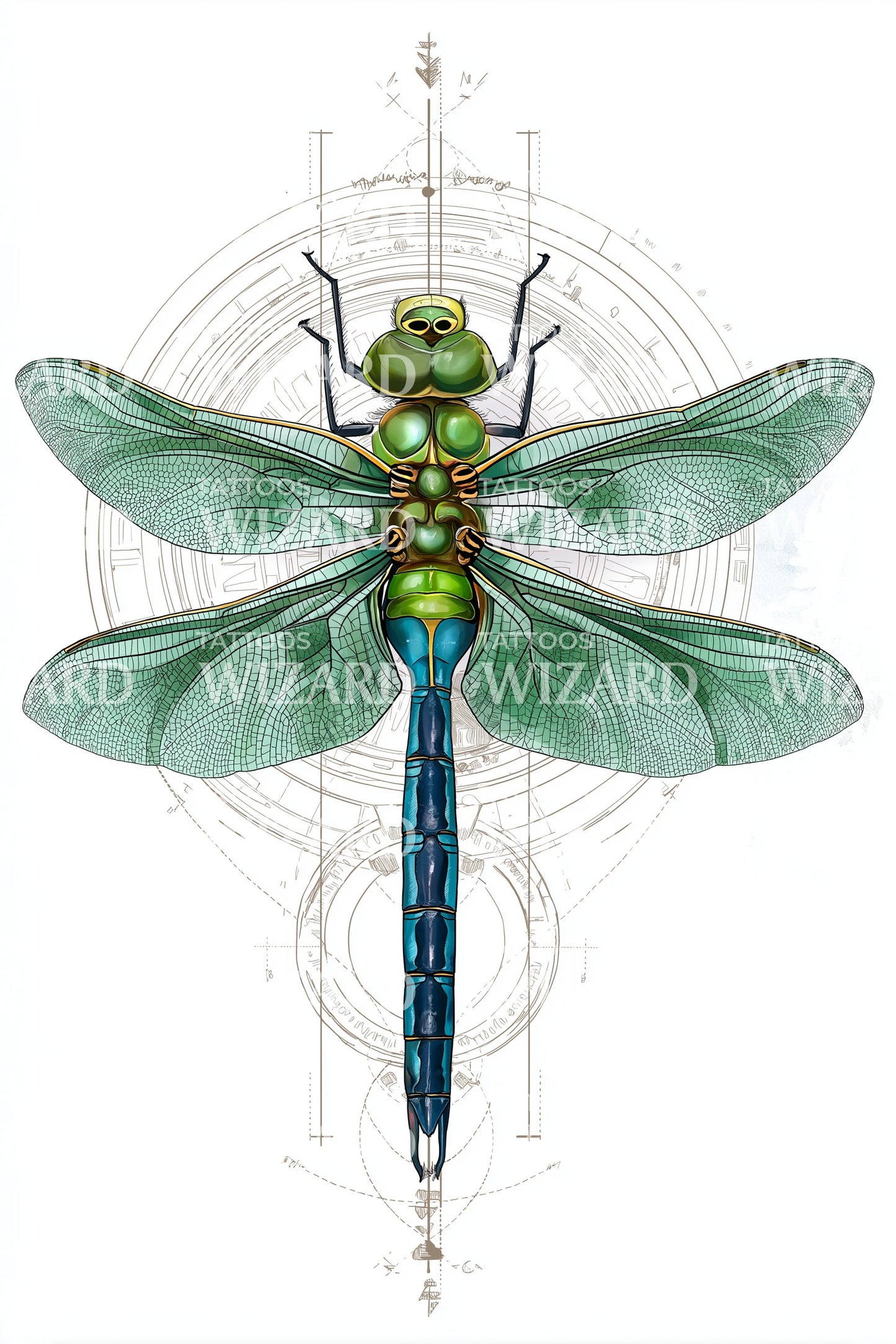 Emerald Dragonfly Geometry Tattoo Design