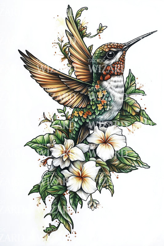 Emerald Hummingbird Blossom Tattoo Idea