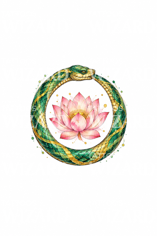 Pembe lotuslu zümrüt ouroboros yılanı dövmesi
