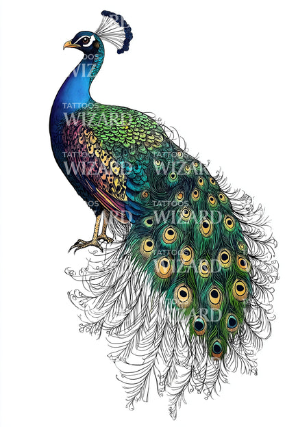 Emerald Peacock Tail Tattoo Illustration
