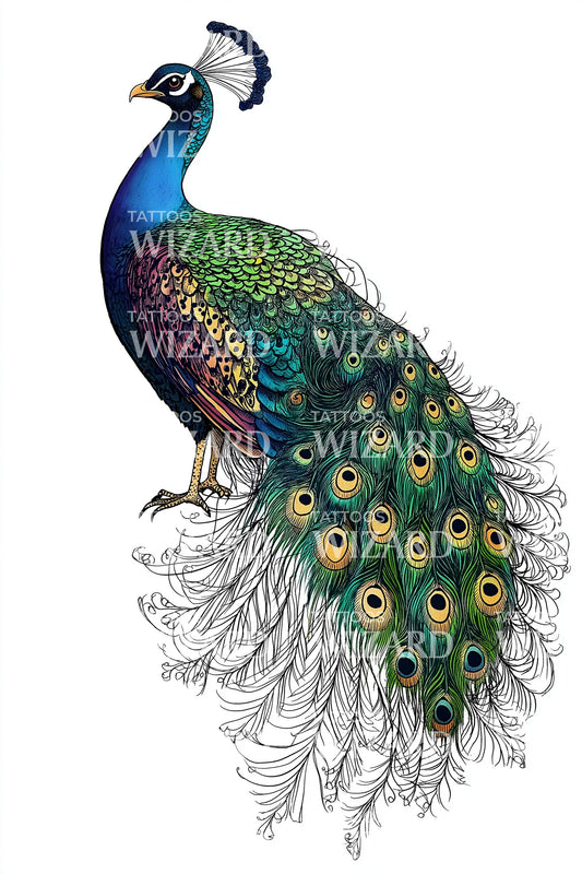 Emerald Peacock Tail Tattoo Illustration