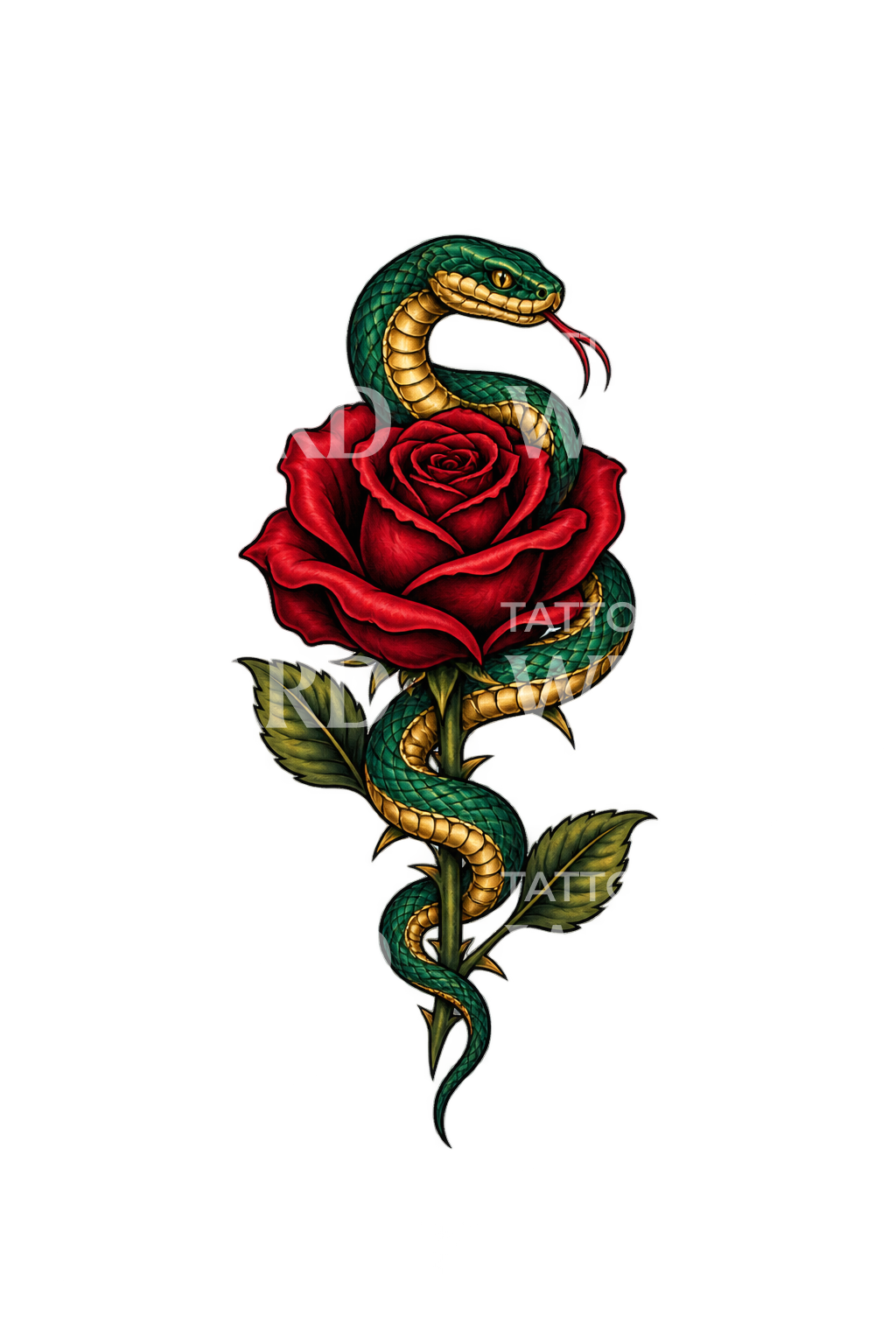 Emerald Snake Coiled on Red Rose Tattoo Design