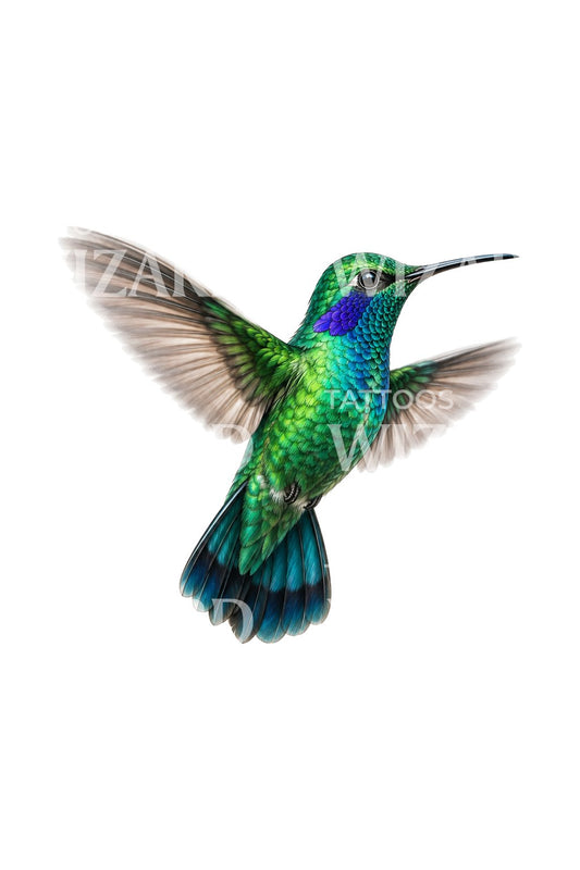 Emerald Violetear Hummingbird Hover Tattoo Illustration