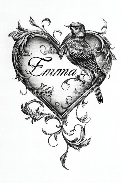 Emma Lovebird Heart Tattoo Design