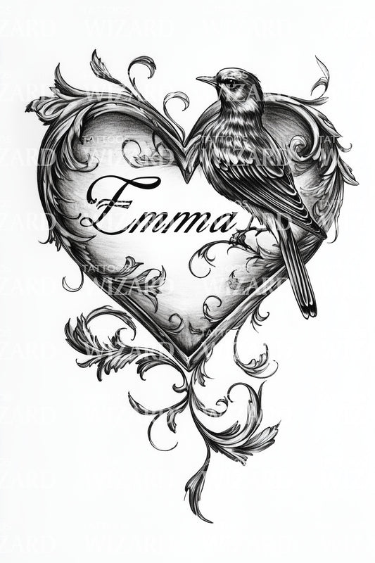 Emma Lovebird Heart Tattoo Design