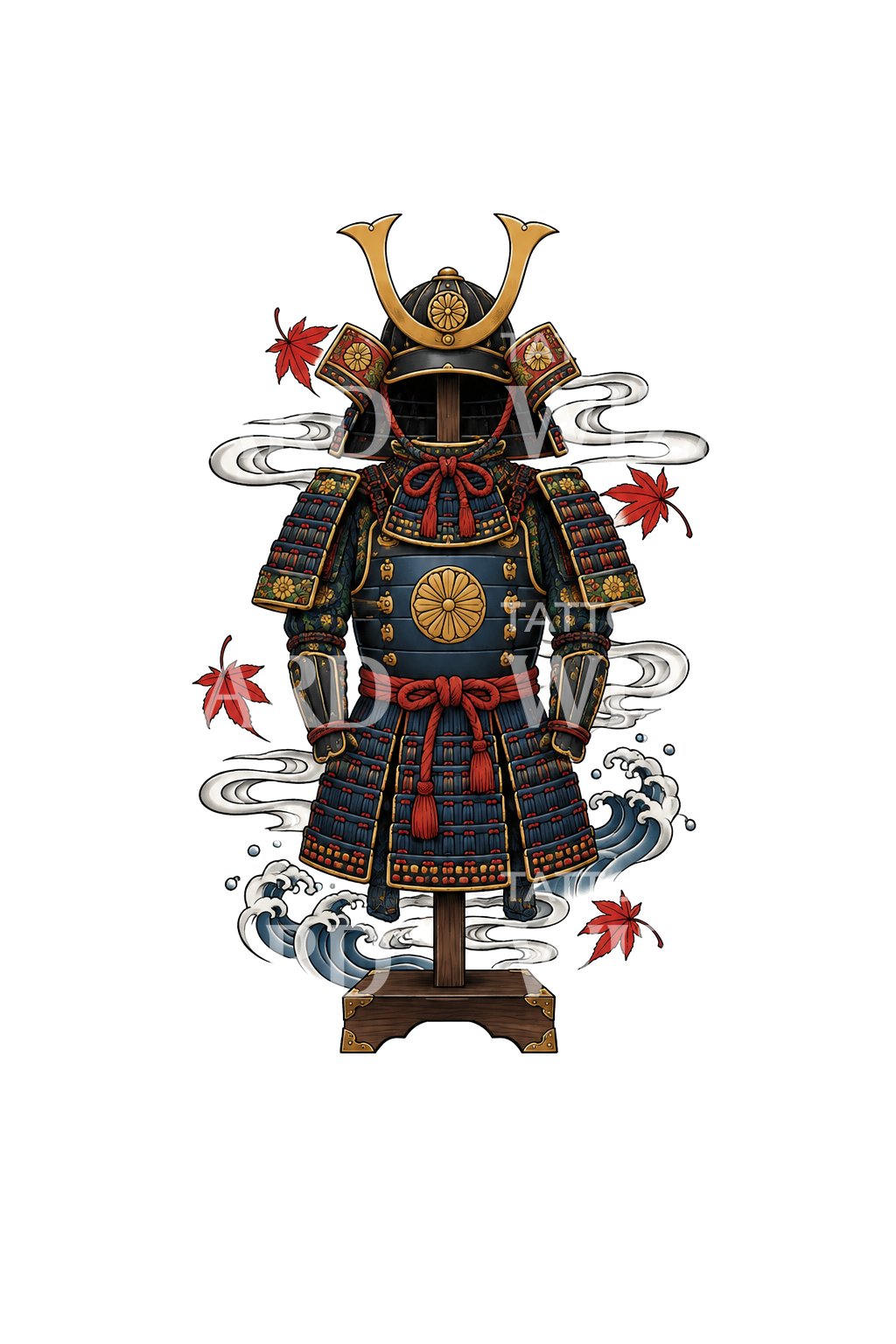 Armure de samouraï vide avec feuilles d’érable, illustration de tatouage