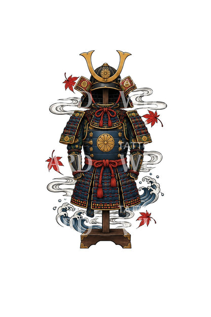 Armure de samouraï vide avec feuilles d’érable, illustration de tatouage