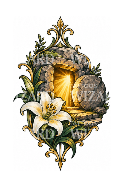 Empty Tomb with Easter Lily Tattoo Design