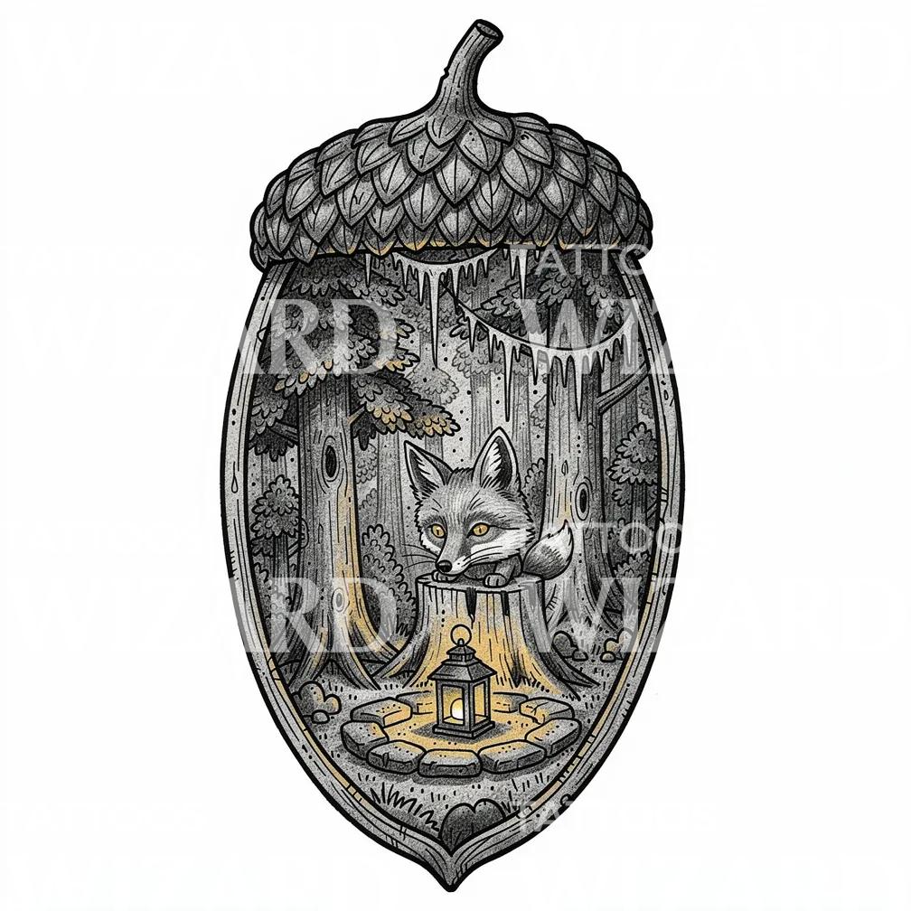 Enchanted Acorn Fox Tattoo Design