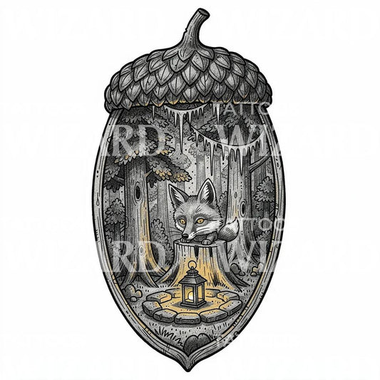 Enchanted Acorn Fox Tattoo Design