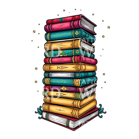 Enchanted Book Stack Tattoo Illustration