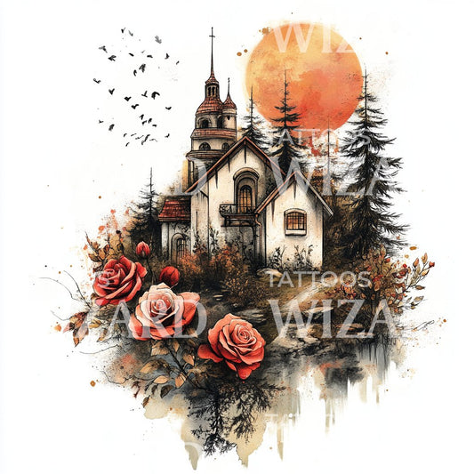 Enchanted Cottage with Sunset Tattoo Design