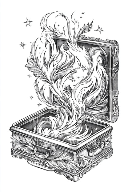 Enchanted Feathered Keepsake Box Tattoo Illustration