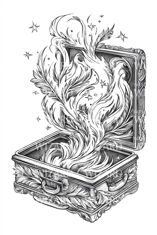 Enchanted Feathered Keepsake Box Tattoo Illustration