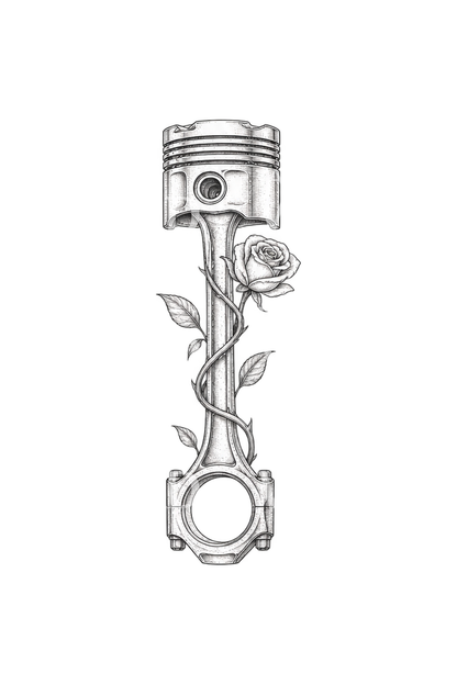 Tatuaggio biker con pistone e rosa in fine line