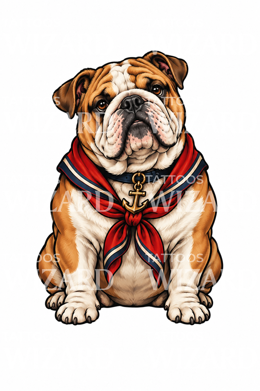 Denizci Fularlı ve Çıpalı İngiliz Bulldog Dövmesi