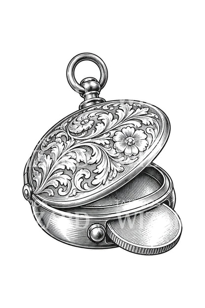 Tattoo-Illustration einer gravierten silbernen Sovereign-Schachtel