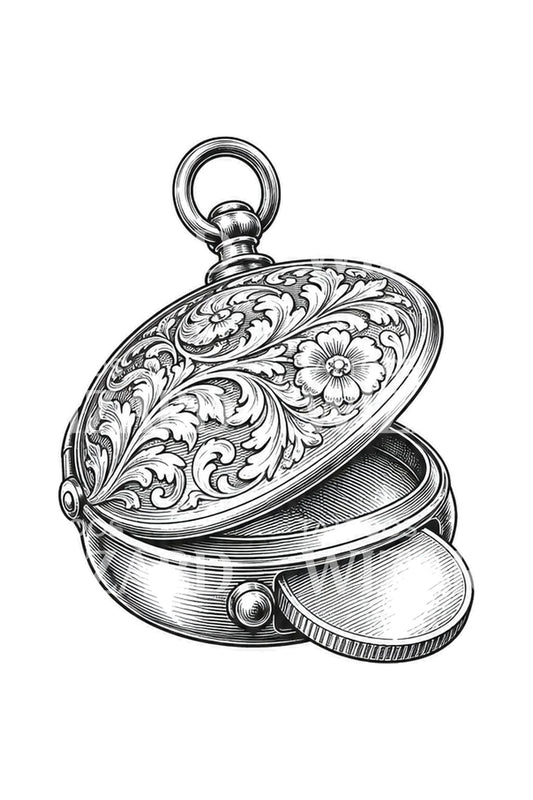 Ilustración de tatuaje de estuche de sovereign de plata grabado