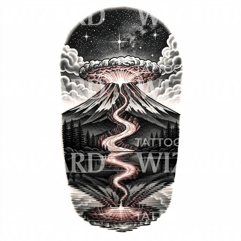 Design de tatouage montagne en éruption la nuit