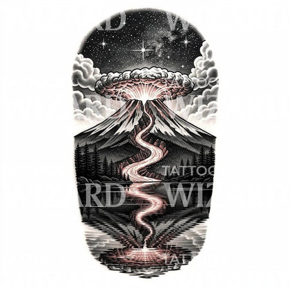Design de tatouage montagne en éruption la nuit