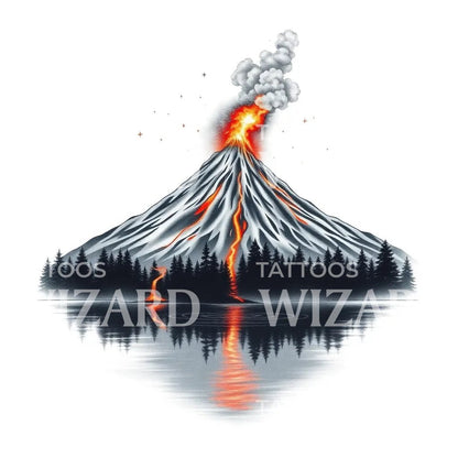 Erupting Volcano Reflection Tattoo Design