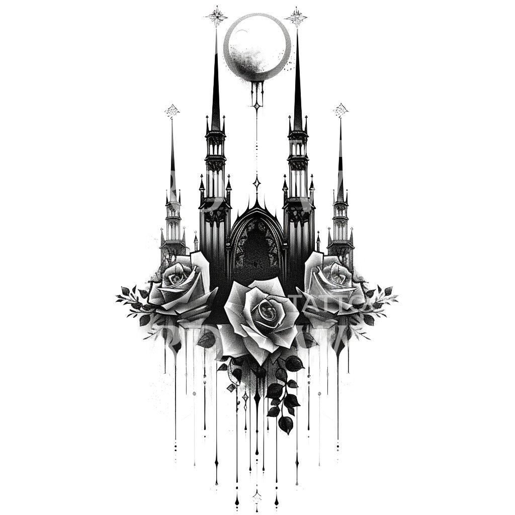 Ethereal Castle under Moonlight Tattoo Design