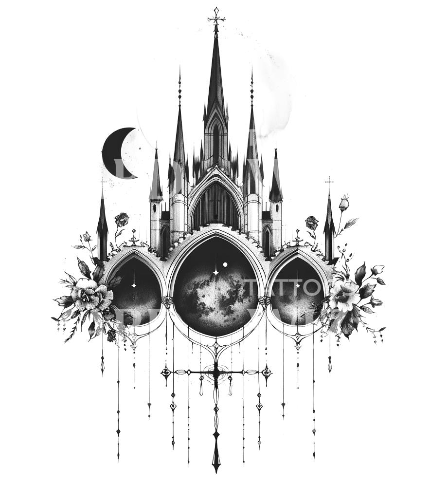 Ethereal Gothic Castle under Lunar Influence Tattoo Design