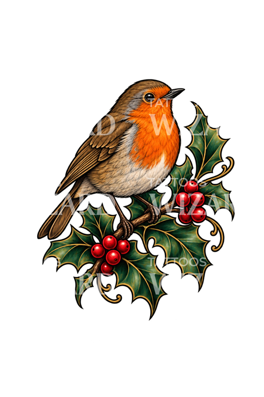 Çobanpüskülü Dalında Avrupa Kızılgerdanı Neo Traditional Dövmesi