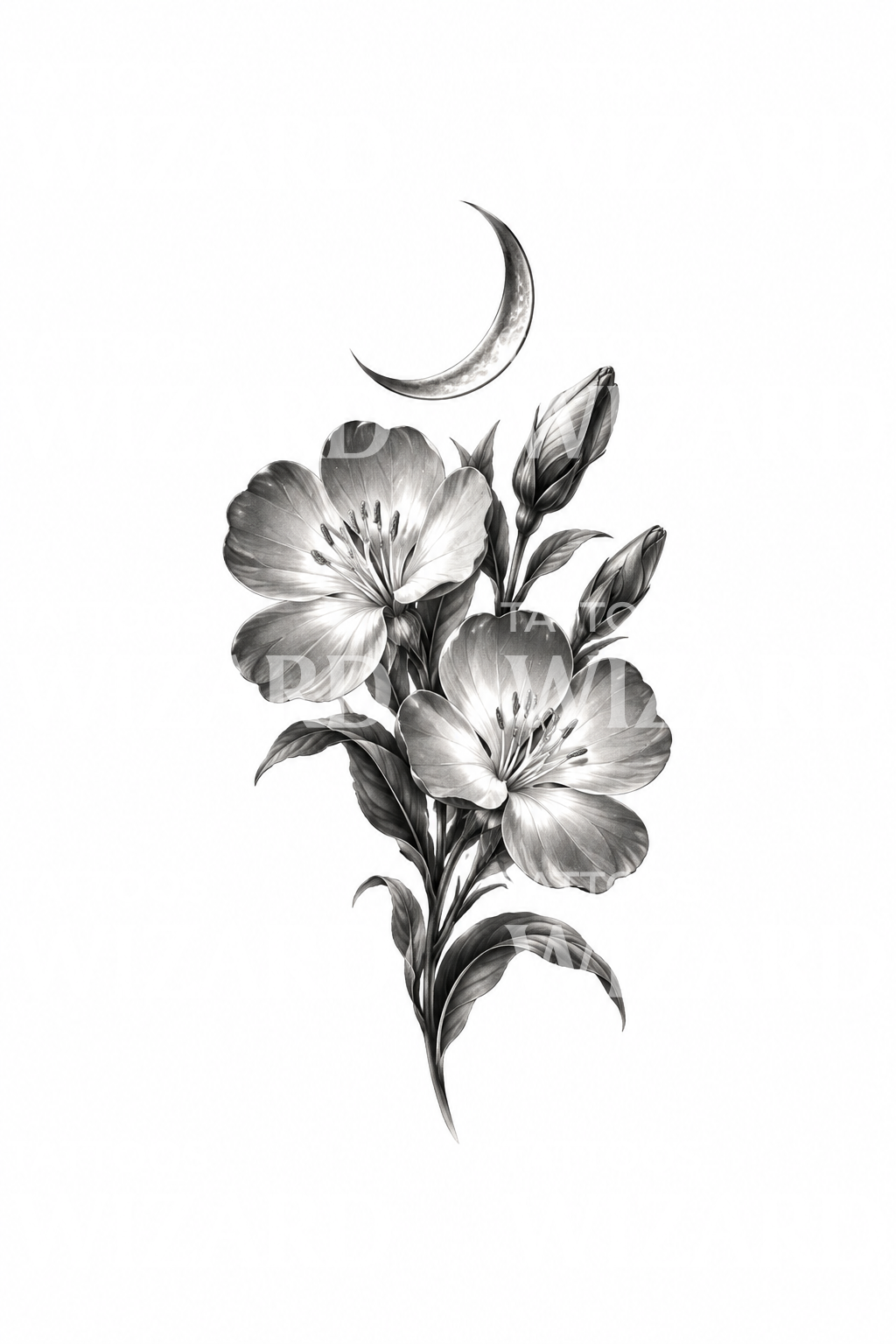 Zwart-grijze tattoo met teunisbloem en maansikkel