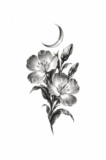 Zwart-grijze tattoo met teunisbloem en maansikkel