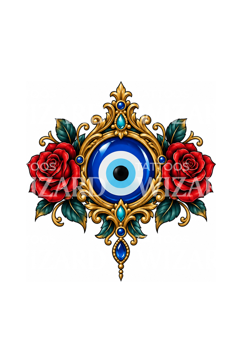 Evil Eye in Gold Filigree with Roses Tattoo Design