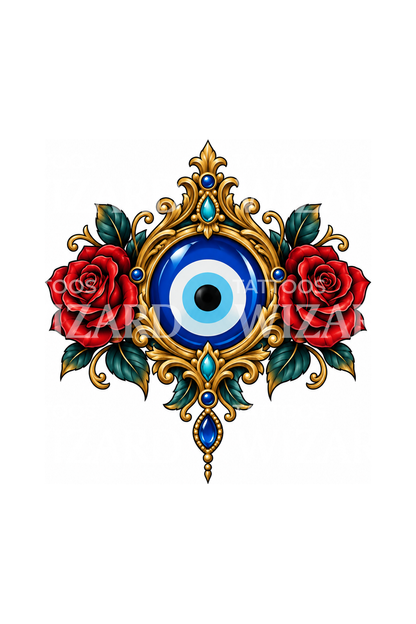 Evil Eye in Gold Filigree with Roses Tattoo Design