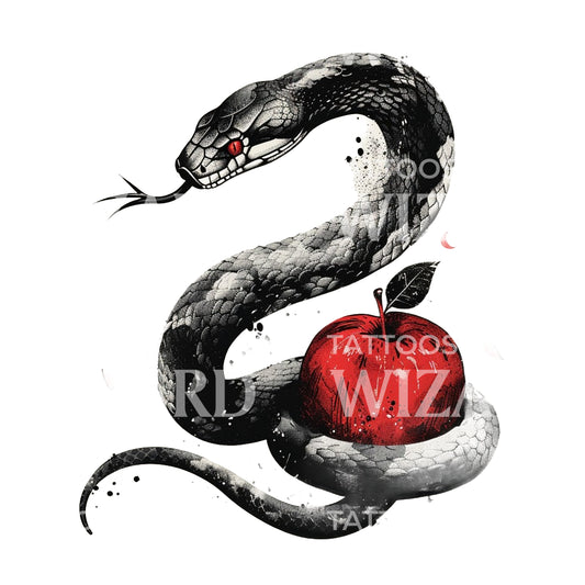 Evil Temptation Snake and Red Apple Tattoo Design