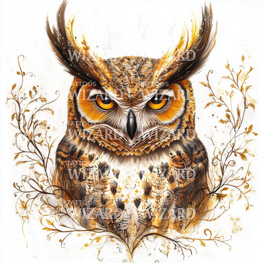 Exaggerated Horned Owl Tattoo Illustration