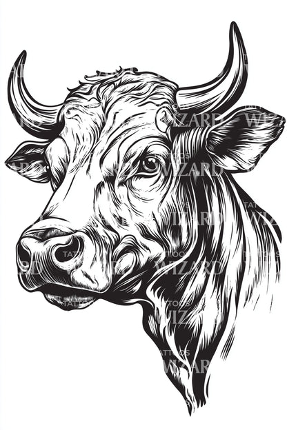 Expressive Cow Sketch Tattoo Design