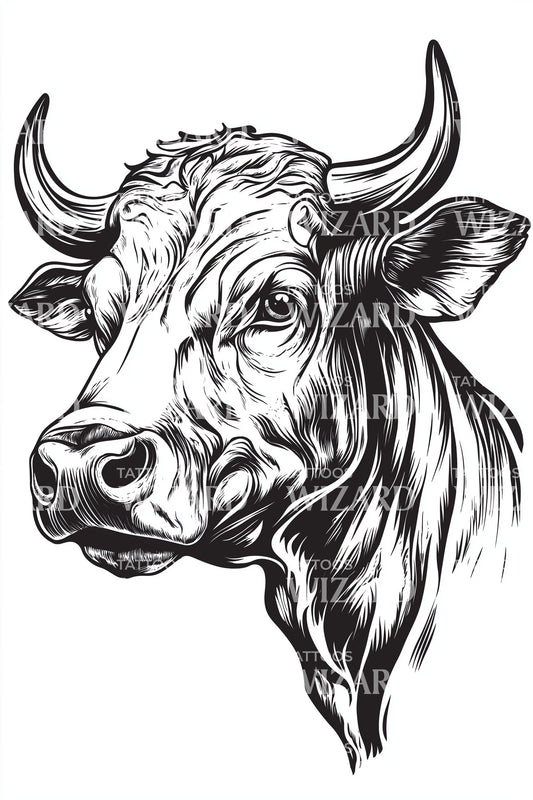Expressive Cow Sketch Tattoo Design