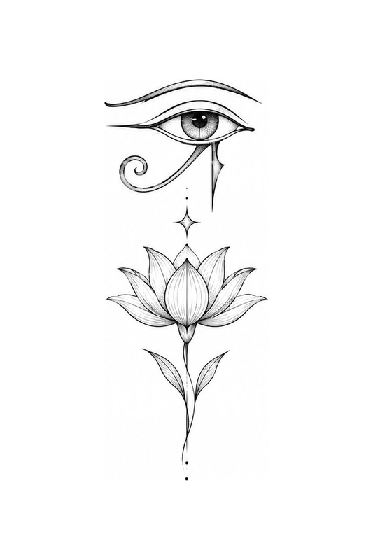 Fineline-Tattoo mit Horusauge über einem Lotus