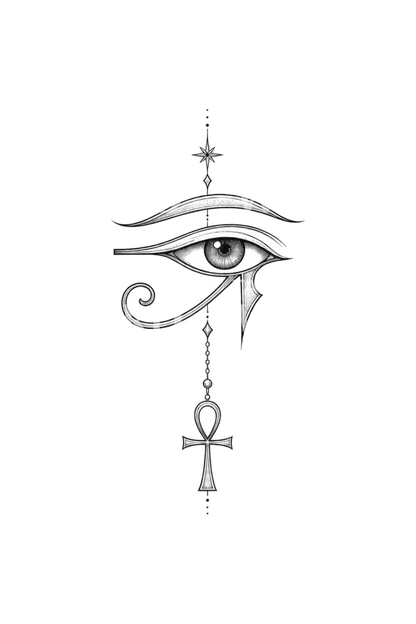 Eye of Horus with Hanging Ankh Fine Line Tattoo
