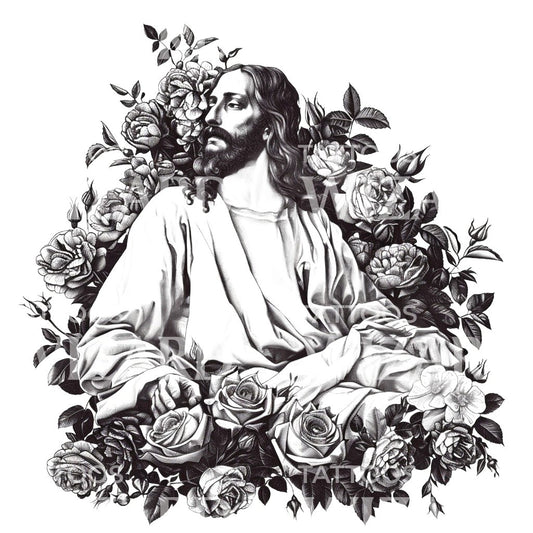 A Jesus Christ and Flowers Tattoo Design