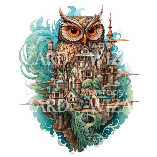 Dreamlike Owl and Floating City Tattoo Design