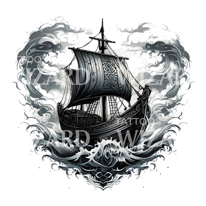 Neotraditional Viking Ship in Storm Tattoo Design