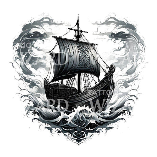 Neotraditional Viking Ship in Storm Tattoo Design