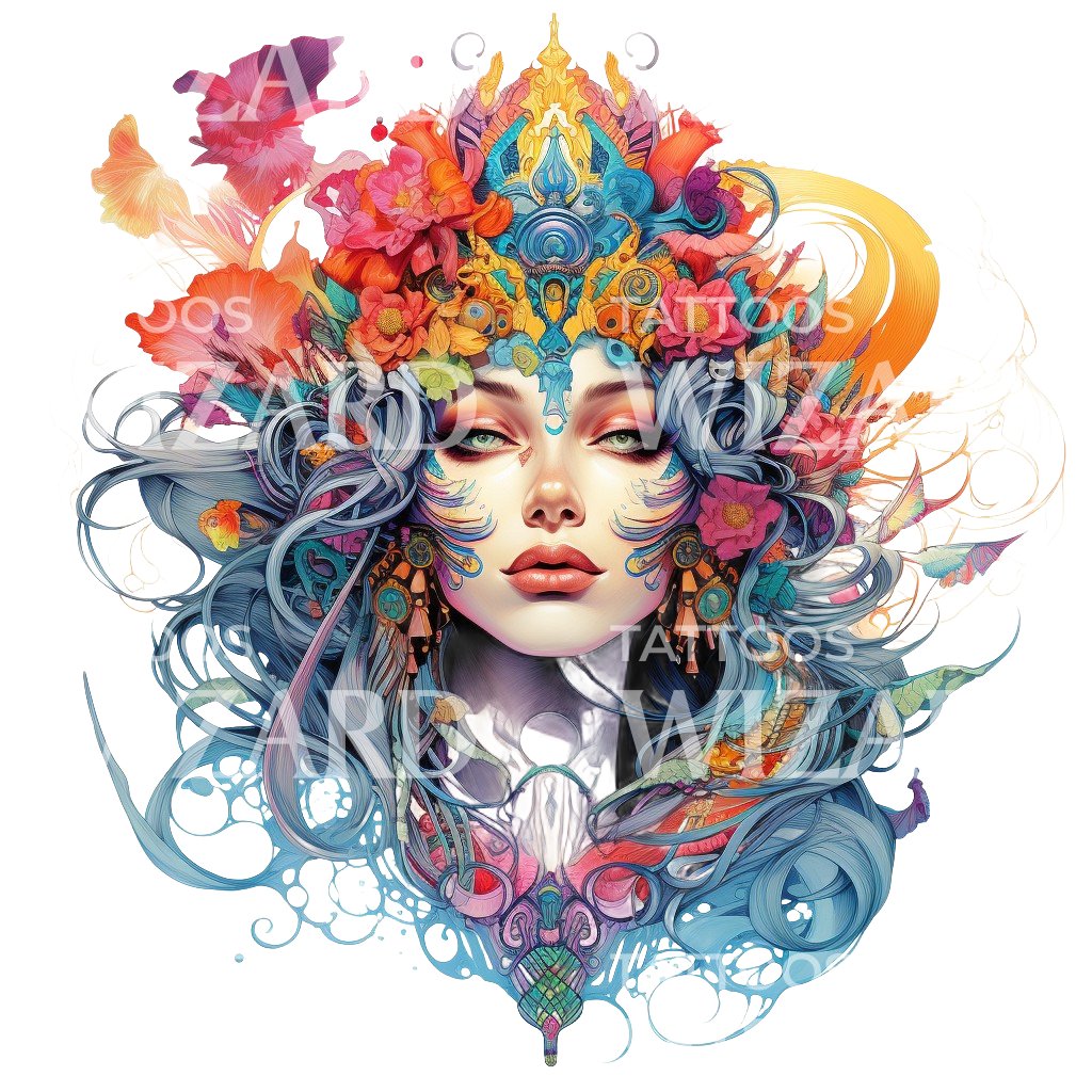 Psychedelic Colorful Goddess Tattoo Design