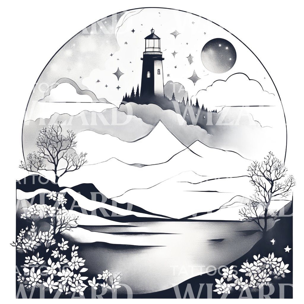 Landscape with a Lighthouse Moon Clouds and Trees Tattoo Design