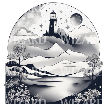 Landscape with a Lighthouse Moon Clouds and Trees Tattoo Design