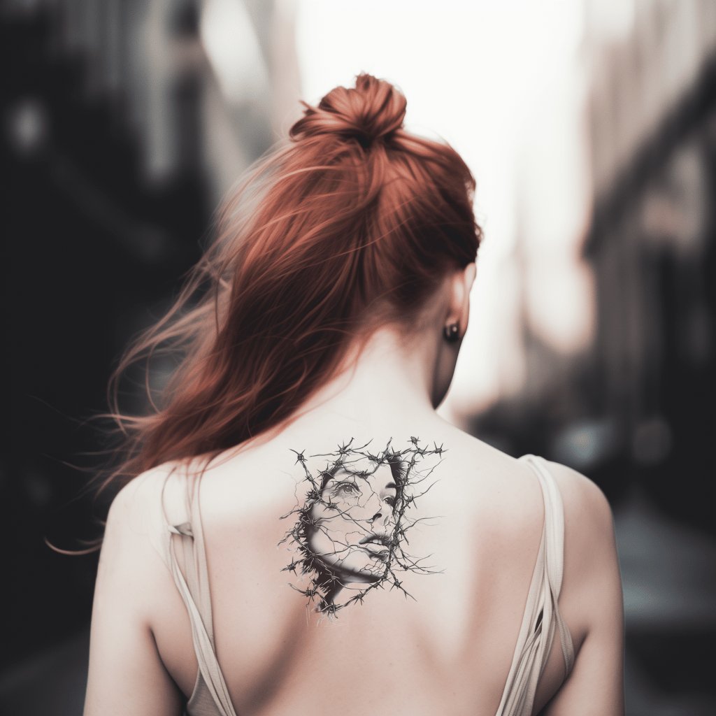 Woman's Face in Barbed Wire Tattoo Design