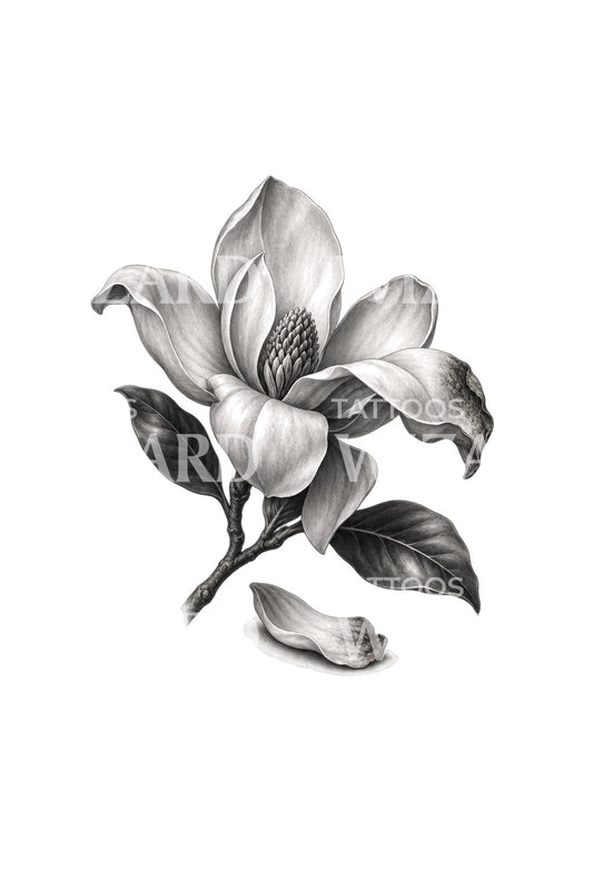 Sort-hvid tatoveringsillustration af falmende magnolia